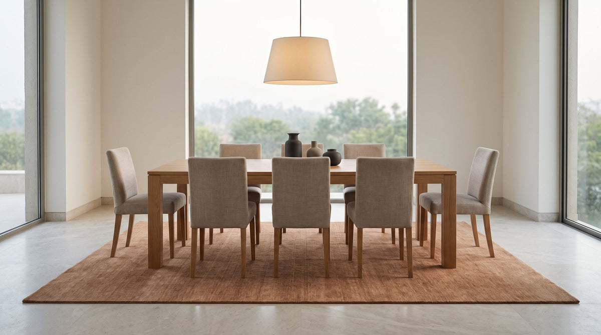 Grain Wool Rug in Russet, handloom New Zealand wool, sized to the dining table. Room is a digital render; the rug is from a product photo.