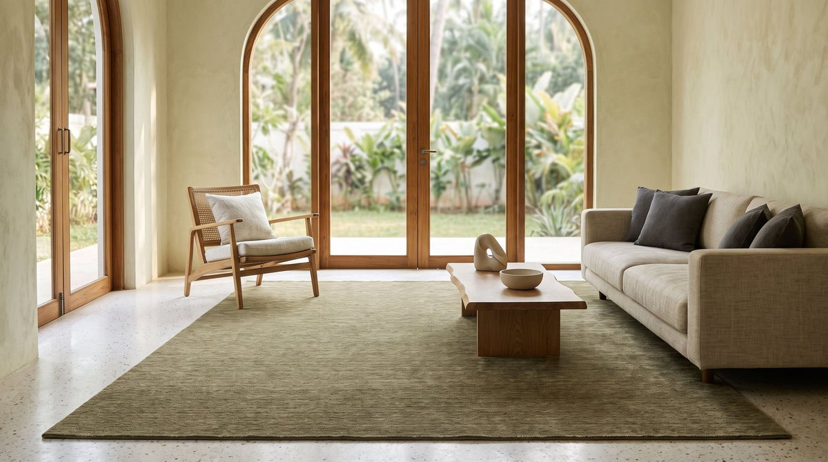 Grain Wool Rug in Sage in a styled living room with arched windows and a garden view, handloom New Zealand wool.
