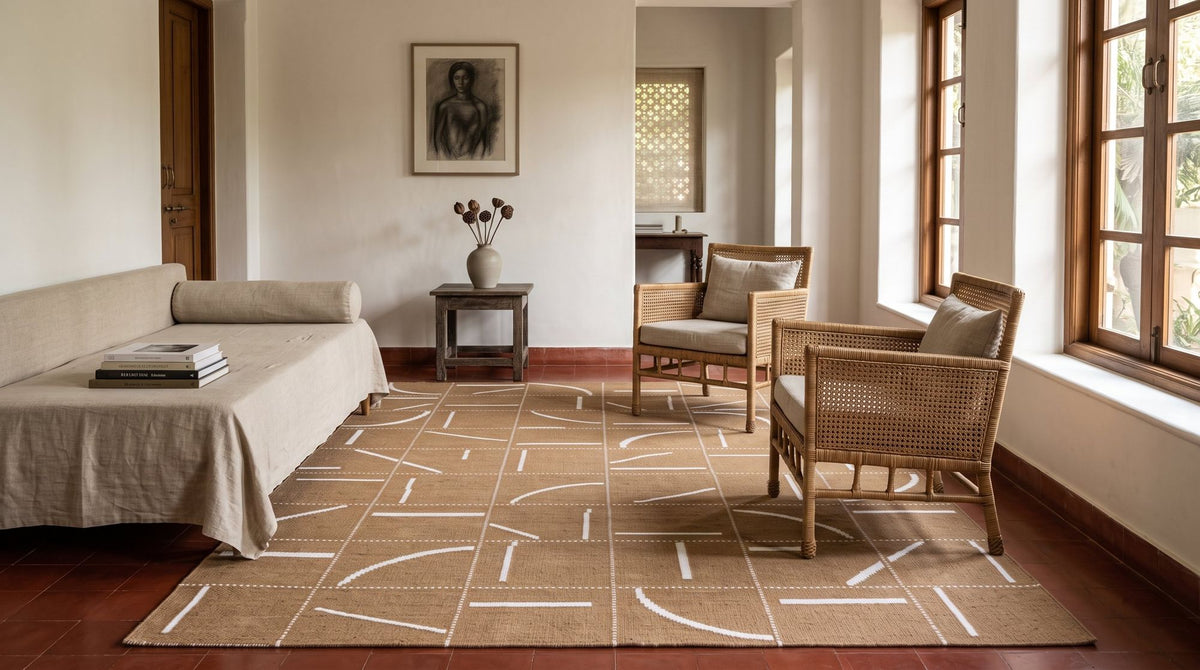 A handwoven flat rug in a living room, thin and light against the floor, with ivory marks on tan.
