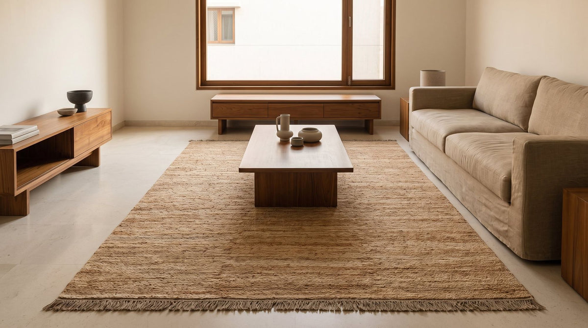 Savannah Jute Rug in a styled living room, hand knotted jute in a warm straw tone.