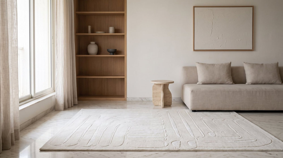 Ivory Wool Rug in a styled living room, hand tufted New Zealand wool in a soft ivory with lines carved into the pile.