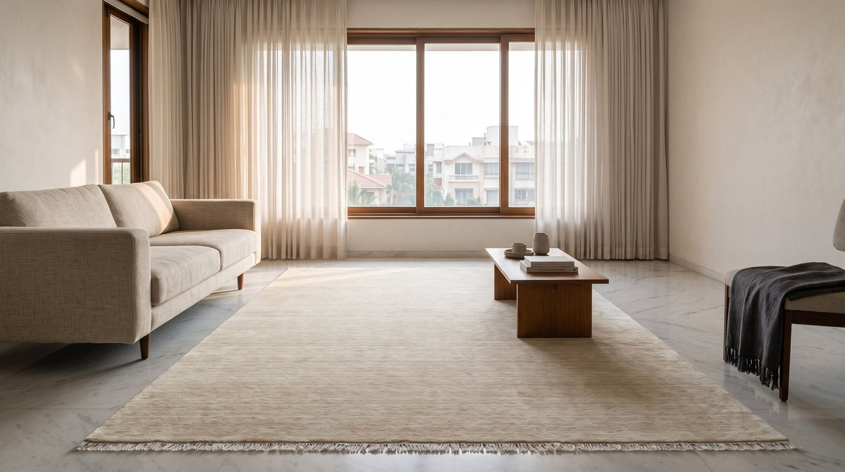 Grain Wool Rug in Flax in a styled living room, handloom New Zealand wool in a pale, even tone.