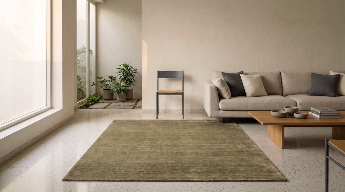 Grain Wool Rug in Sage in a styled living room, handloom New Zealand wool in soft green.