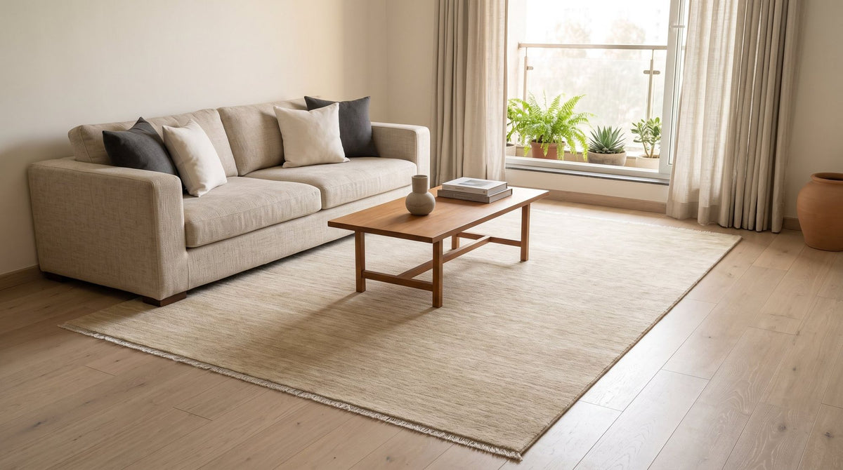 Grain Wool Rug in Flax in a styled living room, a pale handloom wool rug in soft daylight.