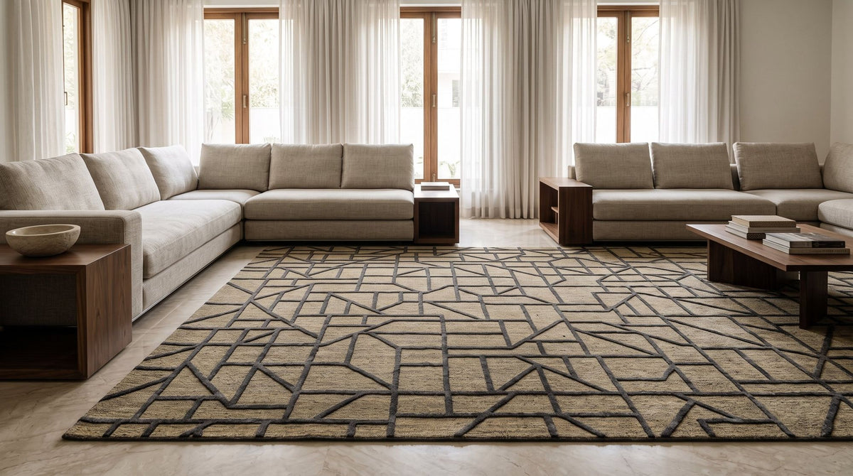 A hand-knotted wool rug in a living room.