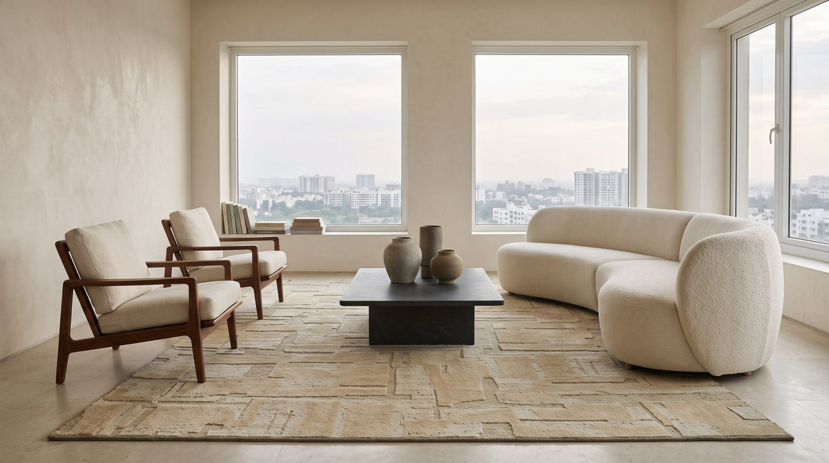 A hand knotted pile in layered sand and ivory blocks in a styled living room.