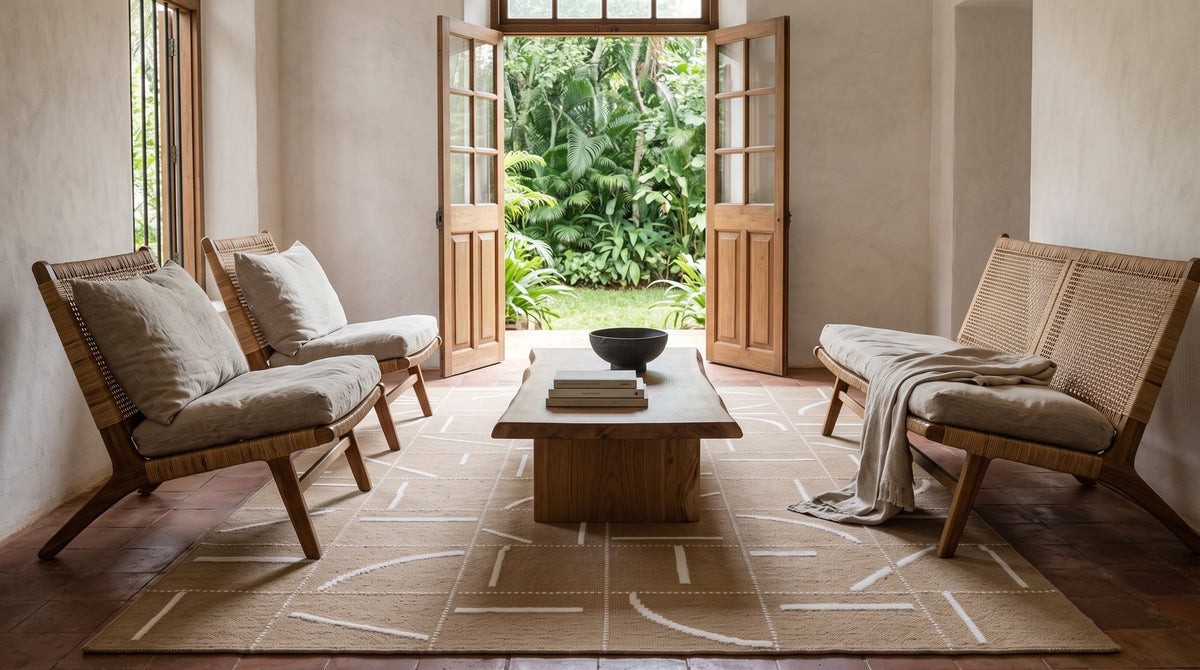 A handwoven flatweave rug, ivory lines on a sand face, in a garden facing room. Room is a digital render; the rug is from a product photo.