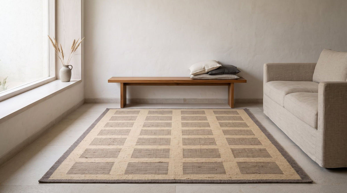 Kora Jute Rug in a living room, handwoven jute in a grid of banded marks. Room is a digital render; the rug is from a product photo.