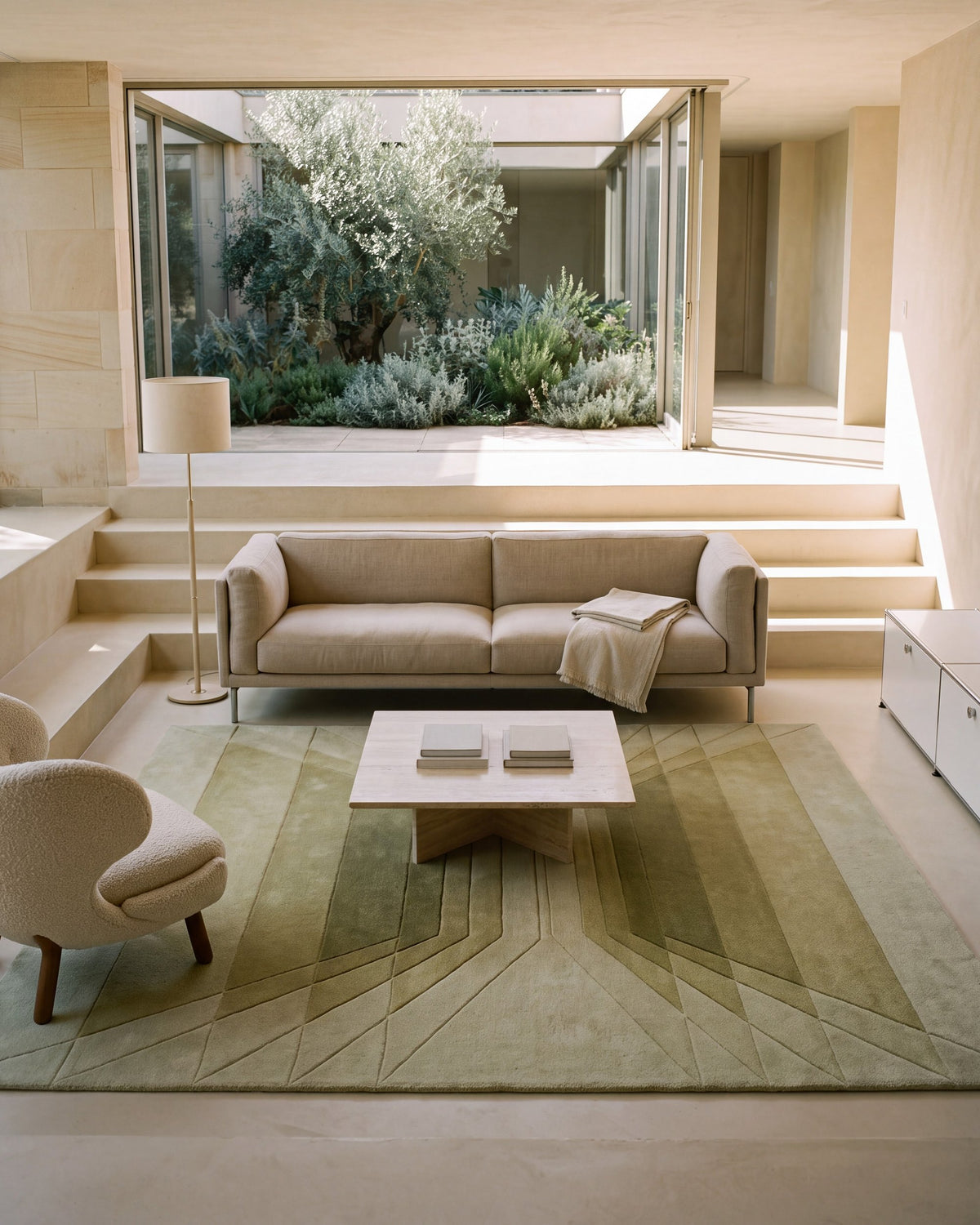 Cavea rug in a sunken living room