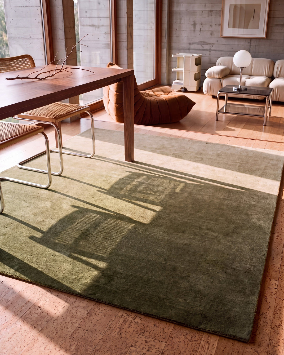 Solaris, Ombré Meadow rug, Olive, floor vignette, morning (flat) (lamp)