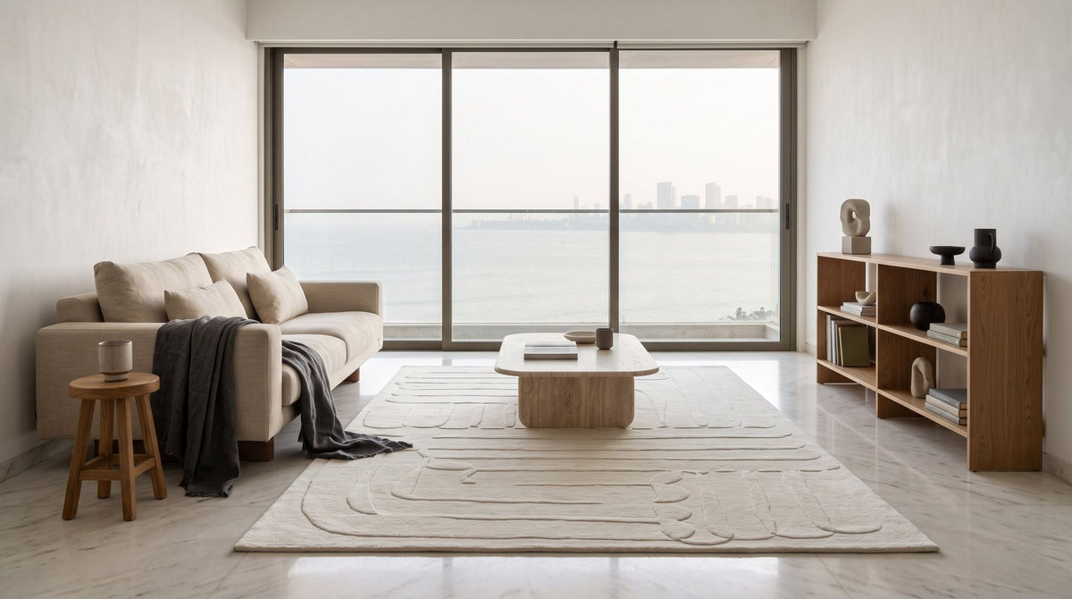 Ivory Wool Rug in a styled living room facing the sea, hand tufted New Zealand wool in bright daylight.