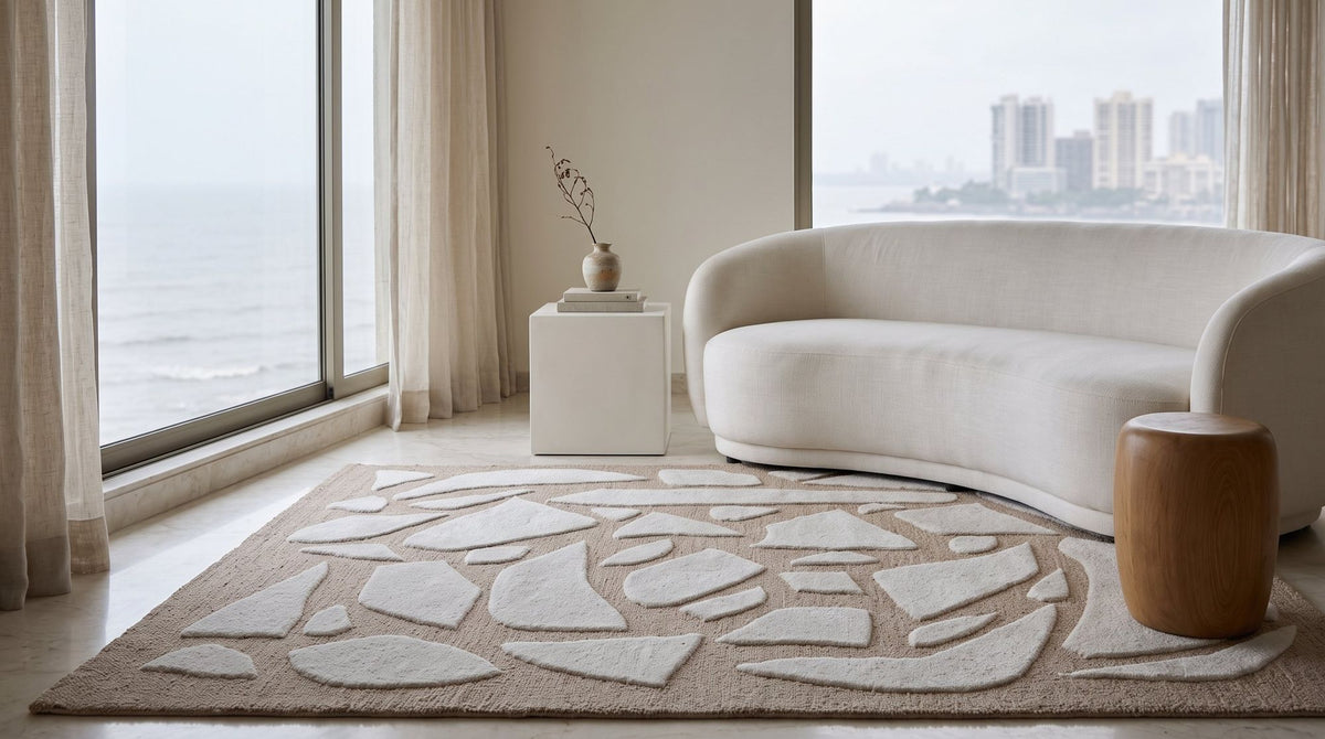Bergamo Rug in a living room, hand tufted New Zealand wool with ivory shapes cut into a camel ground.