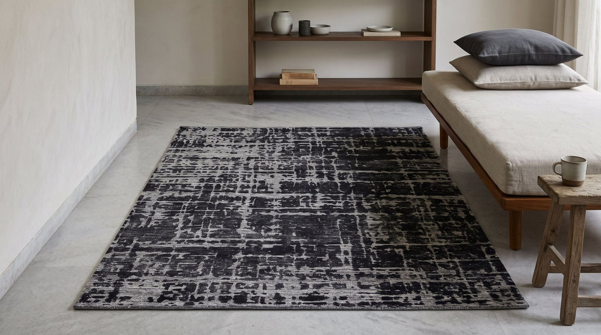 A hand-knotted wool rug in a reading room.