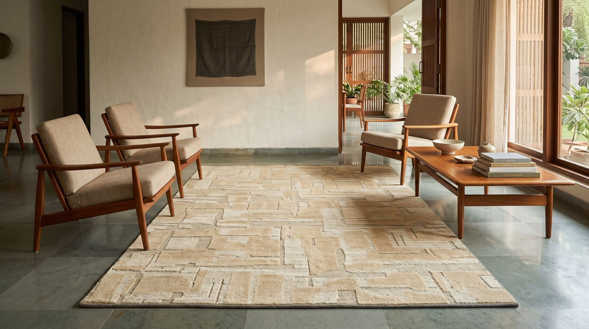 A hand knotted rug in layered sand tones in a styled living room with wood and cane chairs.