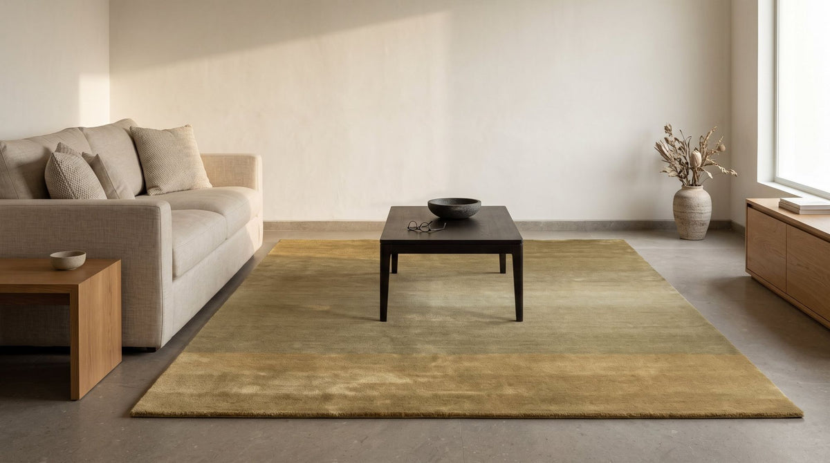 Ombré Taupe Rug in a living room, hand tufted New Zealand wool in warm grey and brown.