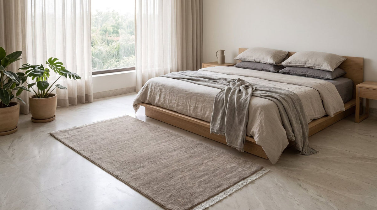 Grain Wool Rug in Mochaccino in a styled bedroom with a low wood bed, handloom New Zealand wool.