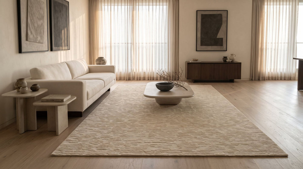 Cabella Wool & Silk Rug in Flax on a pale oak floor in a styled living room render.