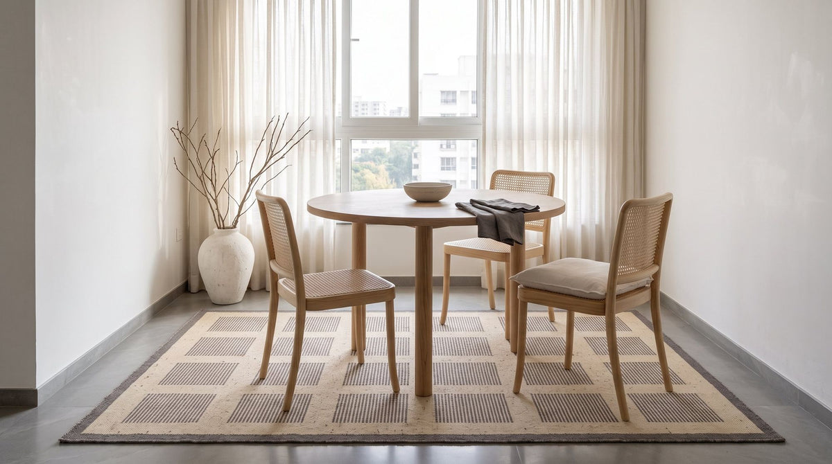 Kora Jute Rug under a round dining table in a styled dining nook, handwoven jute with a low, flat surface.