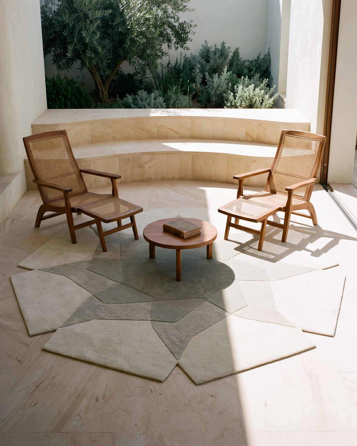 Facet rug between two planter chairs