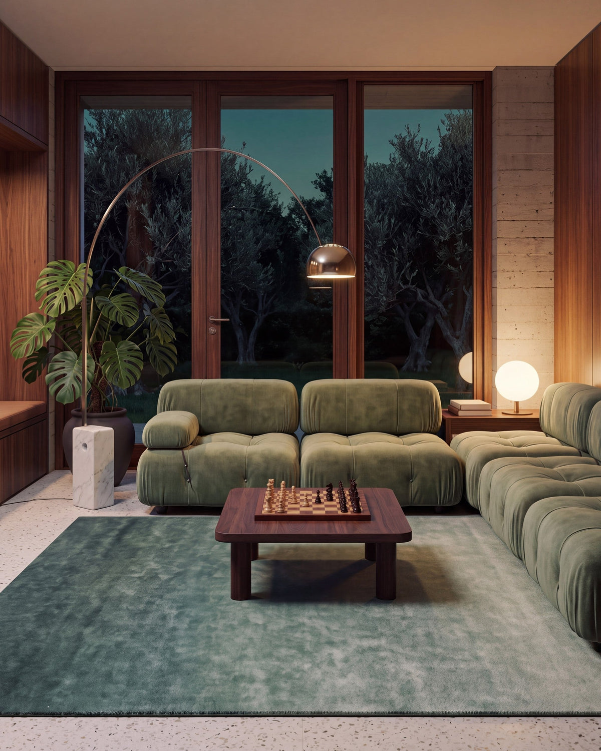Solaris, Ombré Forest rug, Pine, garden room, evening (lamp)