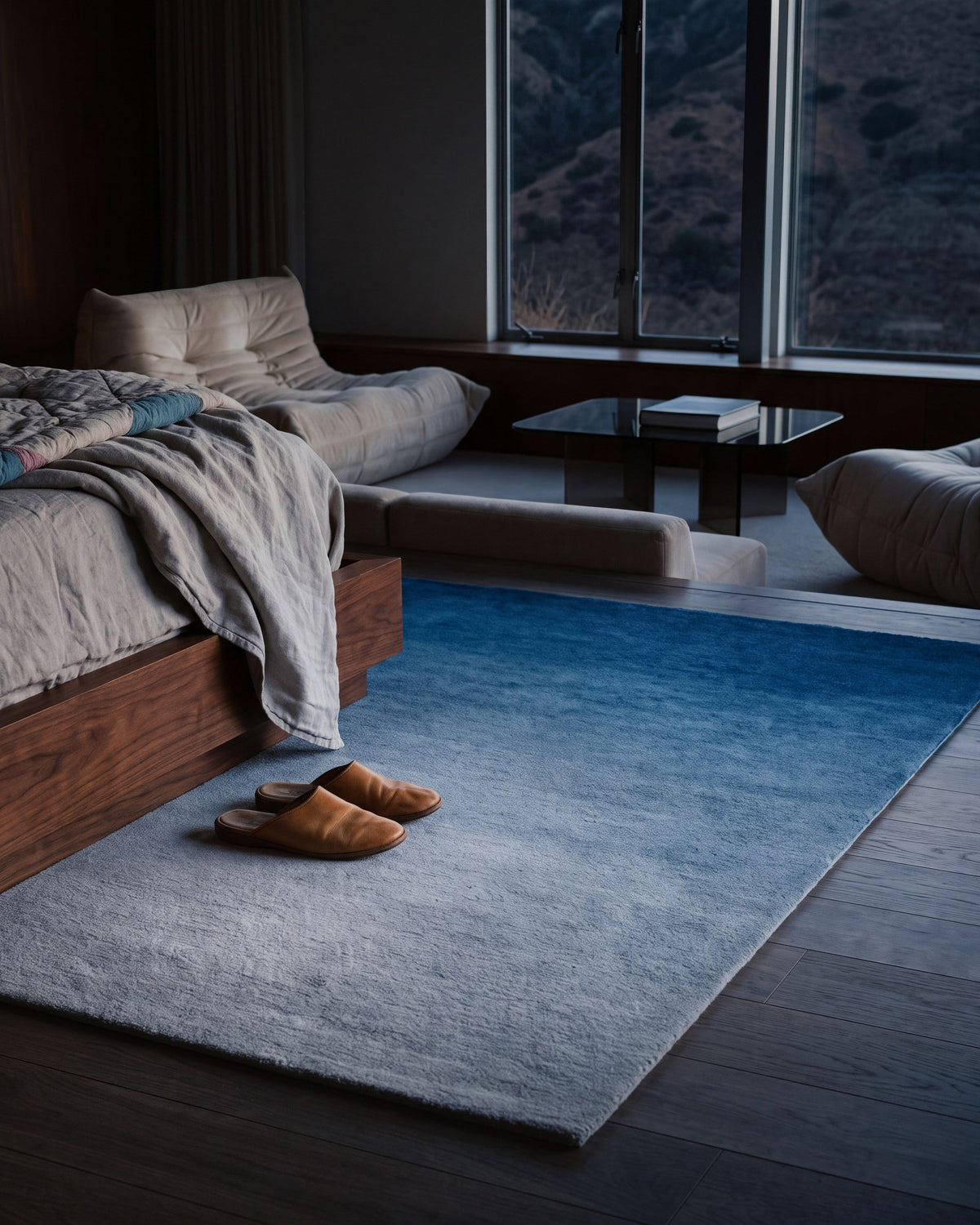 Solaris, Ombré Mystique rug, Indigo, Slippers by the bed, dawn