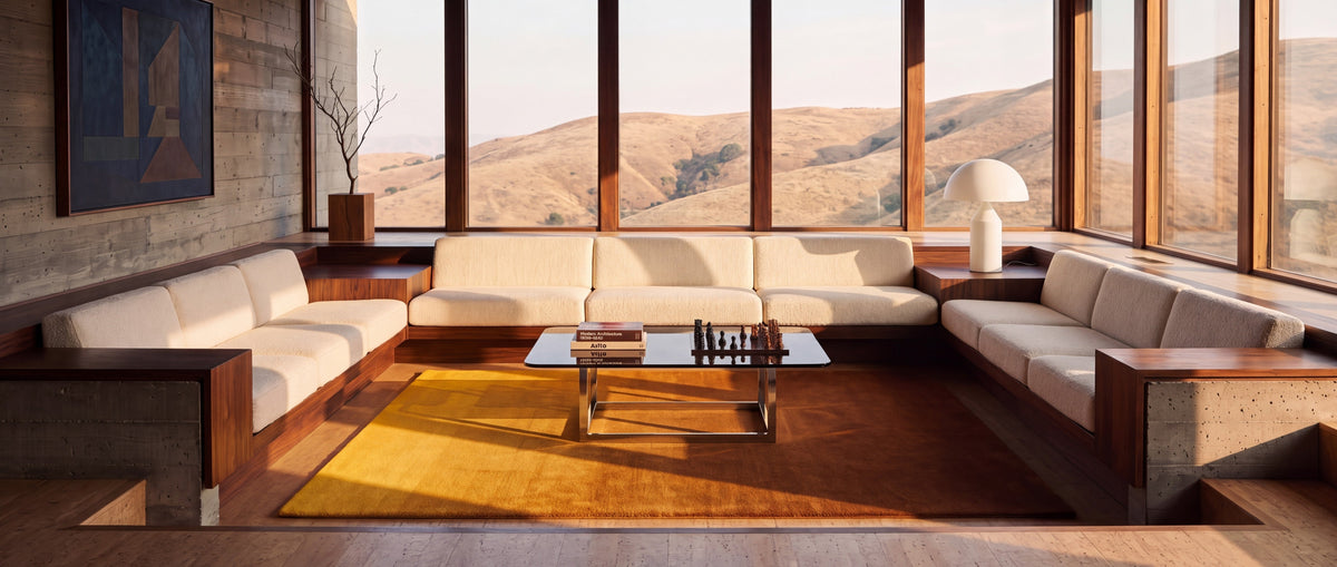Solaris, Ombré Pristine rug, Rust, conversation pit, golden hour, wide (lamp)